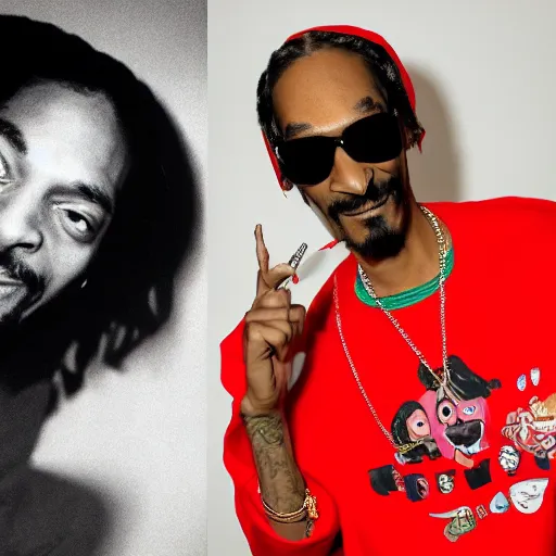 Image similar to Snoop Dog with big eyes eye color red , smiling and holding a joint in his hand