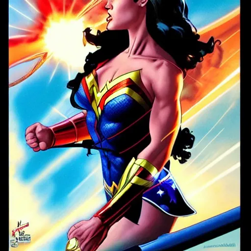 Image similar to A wide angle shot of athletic Wonder Woman from Justice League movie with athletic body, by Alex Ross