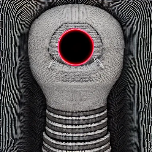 Image similar to portrait photo of a wool sock with giant eyes, face made from thick cyberpunk wires, extremely high details, realistic, by MC Escher and Rene Margitte and victor enrich