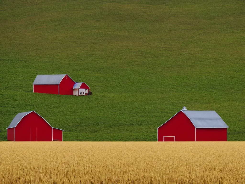 Image similar to A single isolated red barn next to a wheat crop in a lush ravine at noon. Landscape photography, surreal, dreamlike.