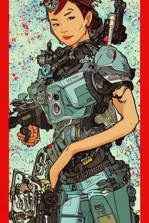 Image similar to beautiful cyborg police portrait girl female illustration detailed patterns art of thai traditional dress, pop art, splash painting, art by geof darrow, ashley wood, alphonse mucha, makoto shinkai