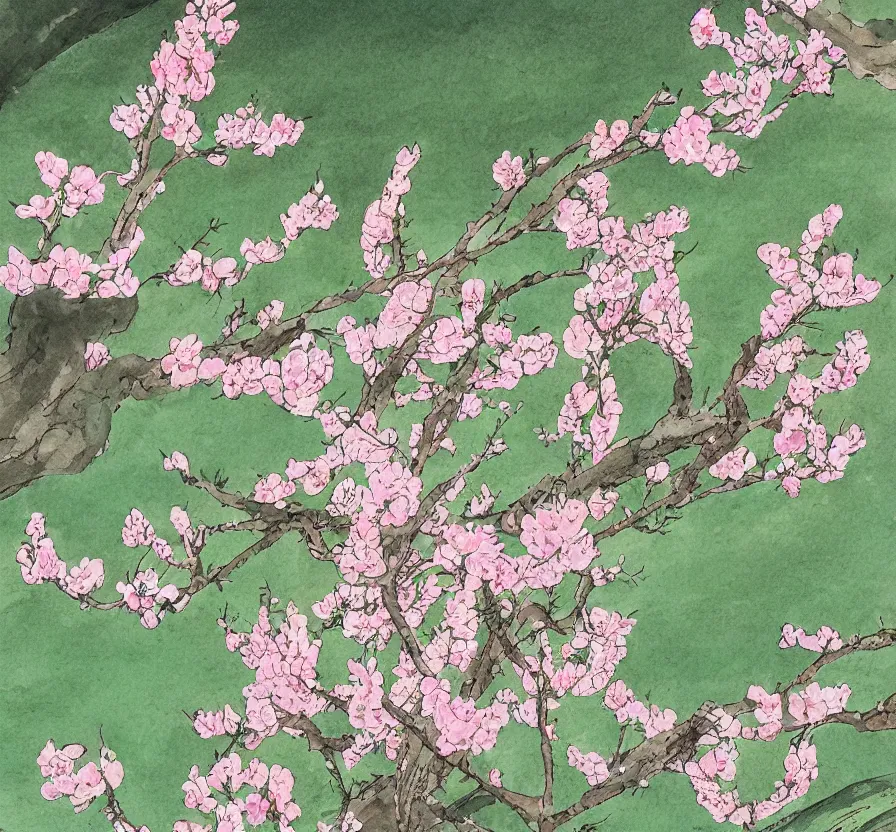 Image similar to a peach blossom in the mountains, studio ghibli style