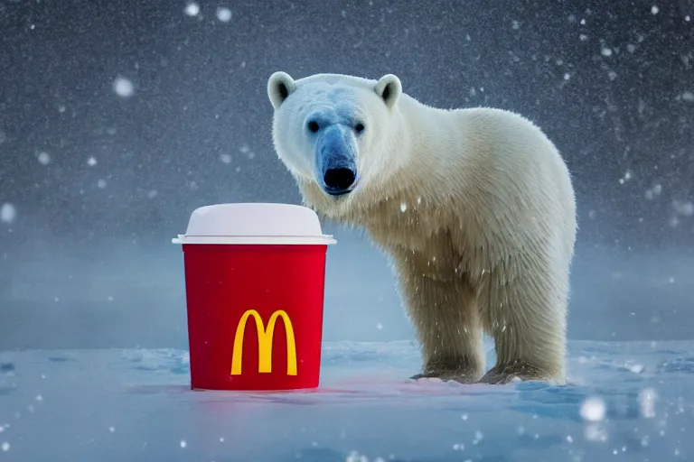 Prompt: a highly detailed cinematic photograph of a polar bear on the north pole in the mist eating from a red mc donalds container, ultra realistic, depth, beautiful lighting, by annie leibovitz, hasselblad, 1 0 0 mm, bokeh, photorealistic, hyperrealistic, octane, masterpiece