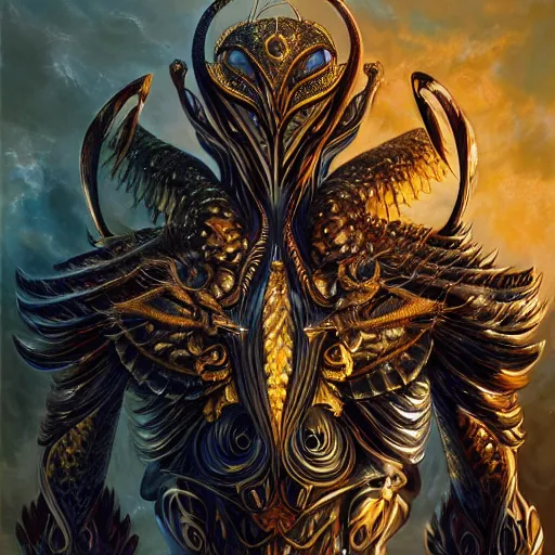 Image similar to a beautiful symmetrical muscular full body wearing a dragon armor with wings made of golden ornaments and gems, by alex gray and android jones , Karol Bak, Ayami Kojima, Amano , concept art, character design, fantasy,3D, 8k resolution