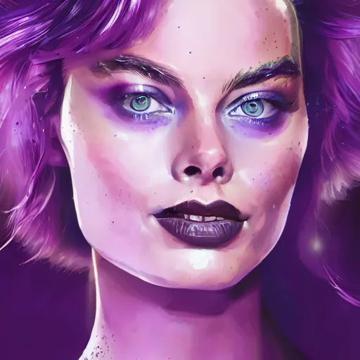 Prompt: a photo of Margot Robbie using her superpower of purple fire, ethereal fantasy, intricate, young and cute girl, beautiful, highly detailed, digital painting, artstation, dark fantasy art concept art, smooth, sharp focus, illustration