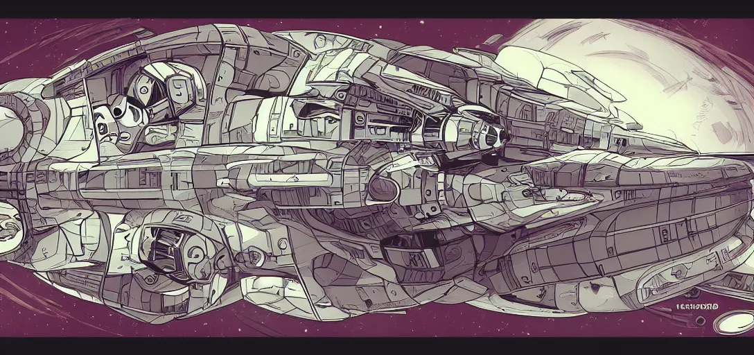Prompt: Capsule SpaceShip by Sergio Cruz in the graphic style of Tim Shumate, detailed art, trending on Artstation, sharp focus, comic art
