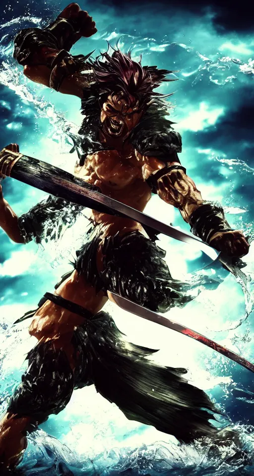Image similar to man, warrior with katana of water wave, full body, water fists of fury, crazy hate face, jumping leaping heroic attack, action scene, kimi no yiba, anime style, ultra detailed, 4 k