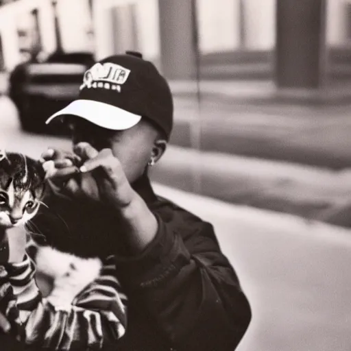 Image similar to 15mm wide-angle lens photo of a rapper in 1990 New york holding a kitten up to the camera