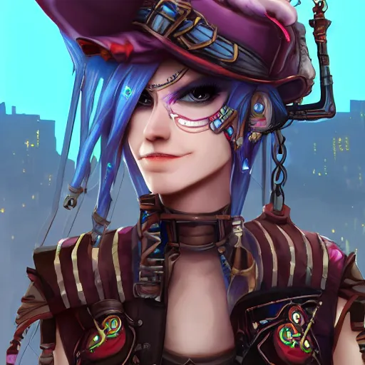 Image similar to jinx from arcane sitting on a bridge seeing hallucinations of ragnarok, artstation, steampunk style