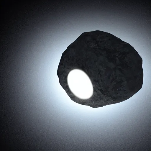 Image similar to a large boulder rock with a metallic finish is embedded in a circular matte black industsrial stage in the center of a dark space, a ring of overhead lights cast onto the rock and it throws caustic reflections into space, low misty atmosphere, hyper realistic image in the style of jeremy geddes but photo real, dark black space, 8k octane render