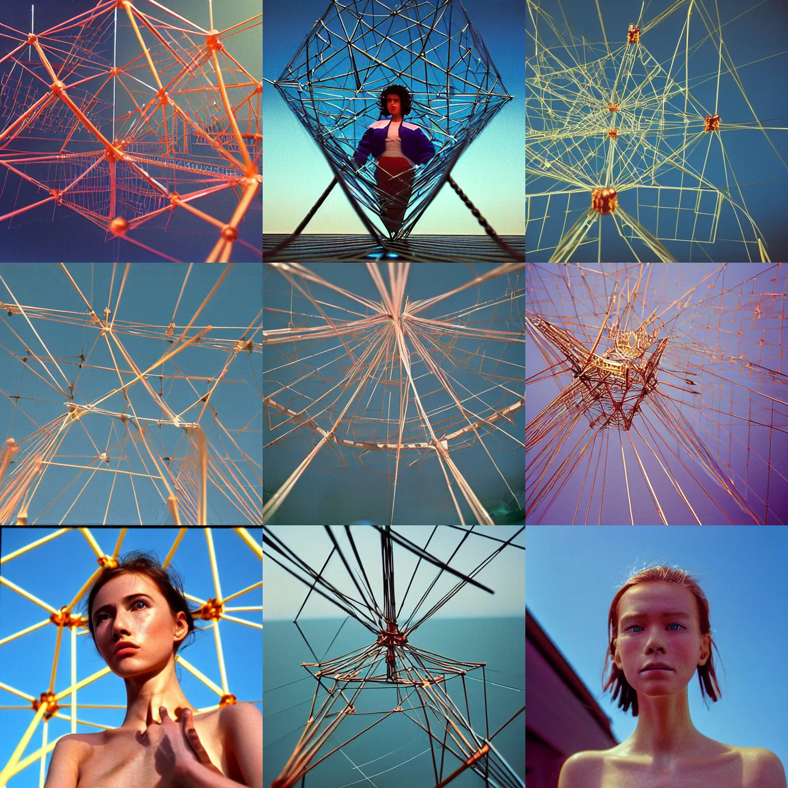 Prompt: Cinestill 800t, 8K, 35mm; beautiful ultra realistic kinetic sculpure (1990) film still scene, 1990s frontiers in human tensegrity fashion magazine September retrofuturism Holy Herndon in wes anderson edition, highly detailed, extreme closeup portrait, tilt shift background, three point perspective, focus on feminine model;dress;pursed lips;eye contact;pointé pose, soft lighting