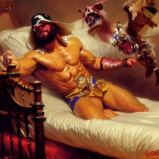 Image similar to macho man randy savage ring gear is in his bed, nervous and terrified, because miss elizaneth from hell is attacking him. highly detailed painting by gaston bussiere, j. c. leyendecker, greg rutkowski, craig mullins 8 k