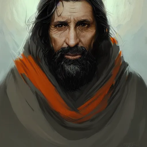 Image similar to portrait of a man by Greg Rutkowski, an old Jedi, arabian features, and olive skin, long black hair and beard, wise appearance, orange robes, Star Wars Expanded Universe, he is about 60 years old, highly detailed portrait, digital painting, artstation, concept art, smooth, sharp foccus ilustration, Artstation HQ
