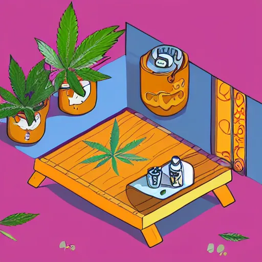 Image similar to isometric cute cartoon illustration bar, decorated with only cute detailed cannabis leaves in two ceramic pots, tables, utopian simple frontage, 2 cute characters, cute poster, beautiful composition pleasing palette by will barnet, watercolor art, hyperrealistic style, inked digital, render fun cartoon