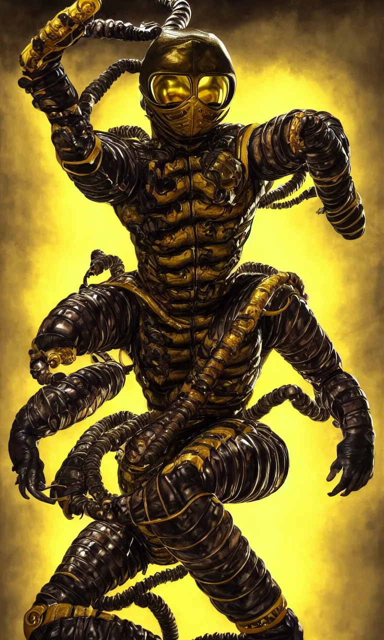 Image similar to hyper realistic full body portrait of scorpion from mortal kombat, yellow ninja exosuit, dynamic chain movement around him, by lee bermejo, alphonse mucha and greg rutkowski