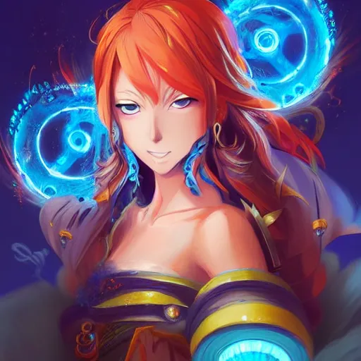 Image similar to anime portrait of Nami as a shaman yedi using dark force to eliminate trump as an anime antagonist by Stanley Artgerm Lau, WLOP, Rossdraws, James Jean, Andrei Riabovitchev, Marc Simonetti, and Sakimichan, trending on artstation