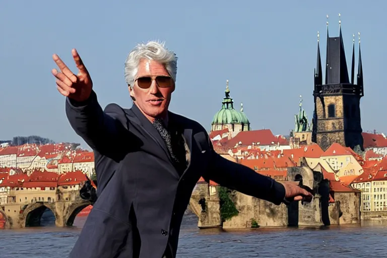 Image similar to richard gere plays iron man flies over charles bridge in prague, epic scene from marvel movie, movie still