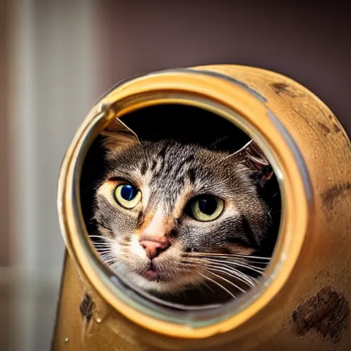 Prompt: close up photograph of a cat in a pickle jar.