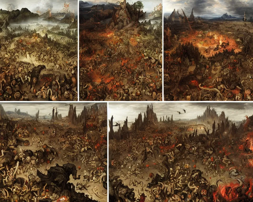 Image similar to doom eternal by jakub rozalski, garden of eternal delights hell by hieronymus bosh, zoom on triumph of death by pieter brueghel, doom eternal by hieronymus bosh