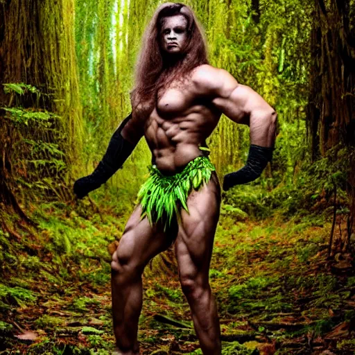 Prompt: extremely muscular man in a forest nymph costume, striking a pose, intricate hairstyle, professional fluorescent body paint, full body portrait, portrait photography photography by Karel Saudek, Portra 400, high definition, large props, eye catching, award winning, 4K UHD