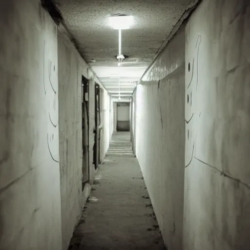 Prompt: found footage of a horrifying creepy narrow hallway with a glowing smiley face at the end, liminal space, very dark lighting, horror scene