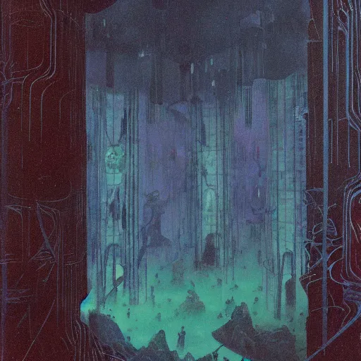 Image similar to a misty sunday morning in the underworld, by mordecai ardon and wayne barlowe (art nouveau diorama)