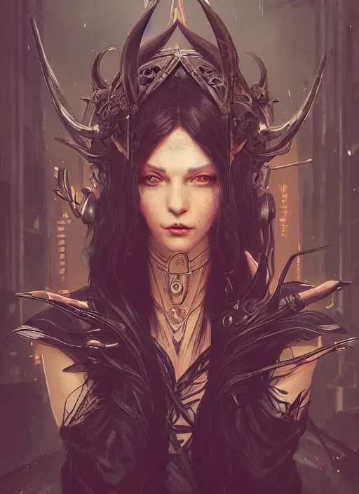 Prompt: a beautiful illustration of a cyberpunk witch with horns in head, intricate, sharp focus, illustration, highly detailed, digital painting, concept art, matte, art by wlop and artgerm and greg rutkowski and alphonse mucha, masterpiece