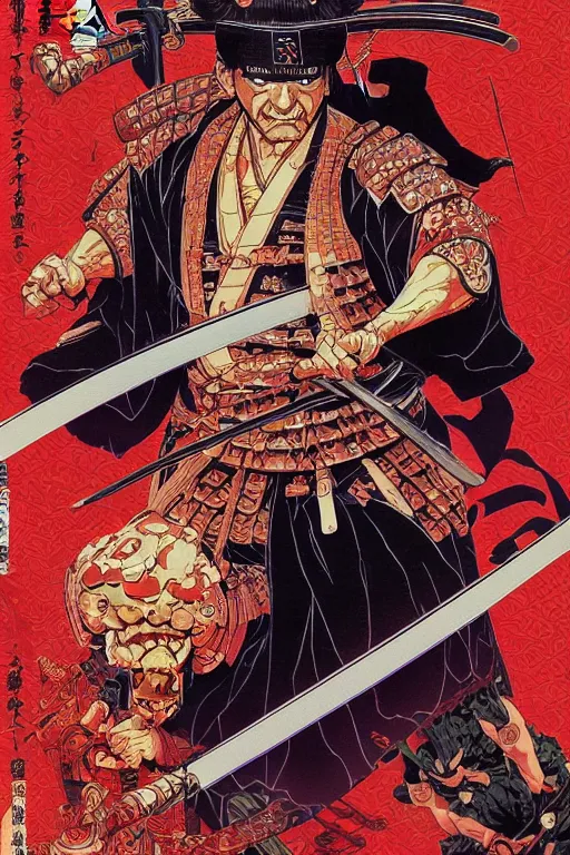 Image similar to poster of joe pesci as a samurai, by yoichi hatakenaka, masamune shirow, josan gonzales and dan mumford, ayami kojima, takato yamamoto, barclay shaw, karol bak, yukito kishiro