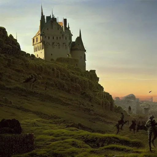 Image similar to a beautiful painting of a castle in a war landscape by Caspar David Friedrich, Trending on artstation