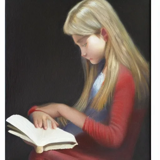 Image similar to a girl reading a book, her hair flowing down, subtle, intricate details, real masterpiece, oil on canvas, by li zangh
