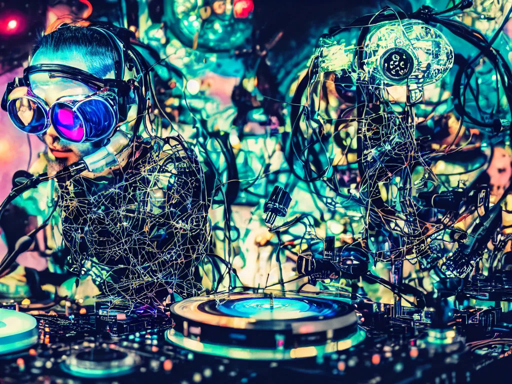 Image similar to a person wearing goggles and visor and headphones using a steampunk record player contraption, wires and tubes, turntablism dj scratching, intricate planetary gears, cinematic, imax, sharp focus, leds, bokeh, iridescent, black light, fog machine, hazy, lasers, hyper color digital art, cyberpunk