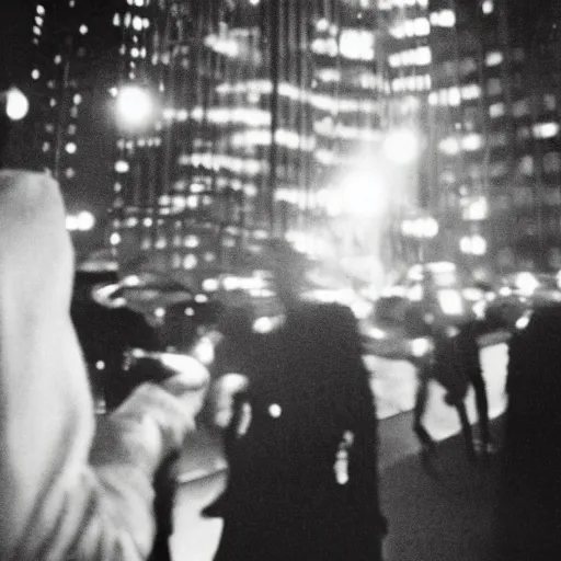 Prompt: analog medium format bokeh night flash portrait in new york, 1 9 6 0 s, high - key photography, photographed on expired film, detailed photograph