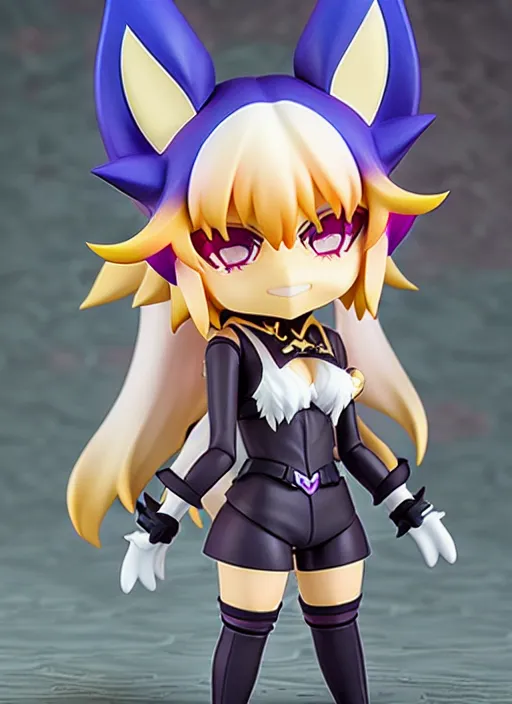 Image similar to chic kda ahri from league of legends nendoroid full body hyperdetalied, hero action pose, osamu tezuka, macoto takahashi, chibi, q posket, 8 k realistic, 3 d, cryengine, exquisite, charming smile, shape focus, symmetrical face, artstation, frostbite 3 engine, cryengine