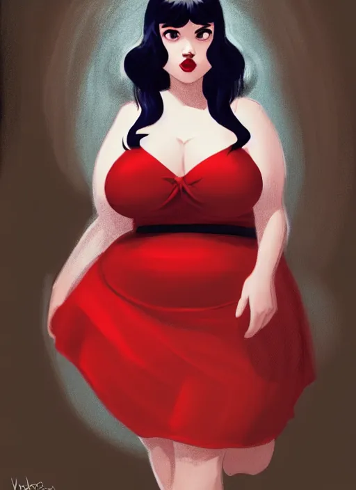 Image similar to full body portrait of teenage veronica lodge, obese, bangs, sultry, realistic, sultry smirk, wavy hair, red skirt, fat, belly, intricate, elegant, glowing lights, highly detailed, digital painting, artstation, concept art, smooth, sharp focus, illustration, art by wlop, mars ravelo and greg rutkowski