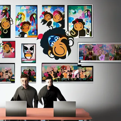 Image similar to 2 5 monkeys using computers, in a well lit office, happy monkey faces, modern paintings on the walls