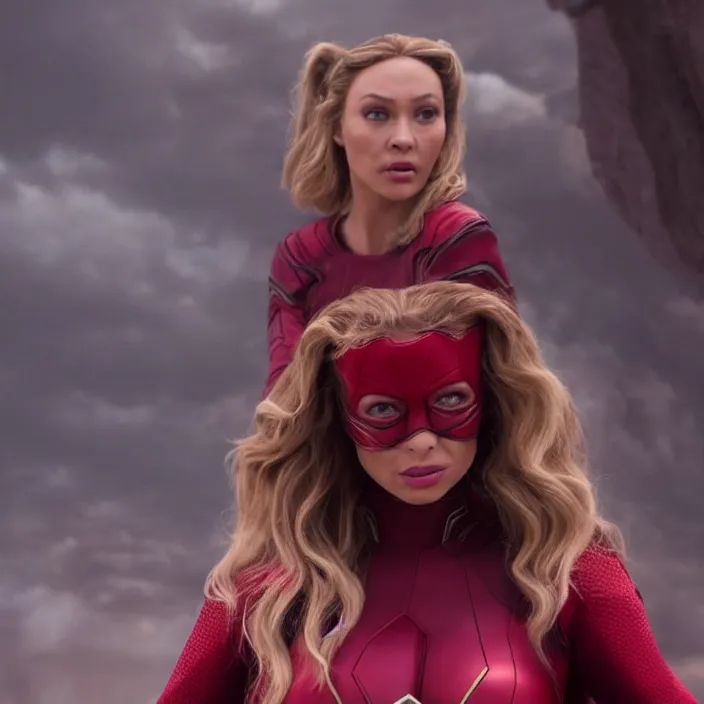 Image similar to movie still of lindsey pelas as scarlet witch, directed by russo brothers, 4 k hd, oscar winning, high detail