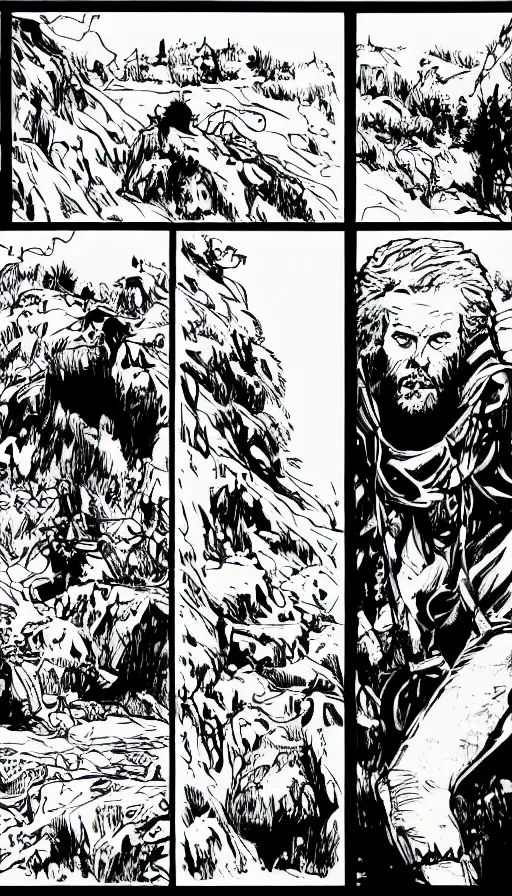 Image similar to multi - panel page from a highly detailed horror comic. a handsome rugged bearded man treks through a jungle wearing a backpack. exhausted, he stands on the edge of a cliff looking at distant mountains. ink.