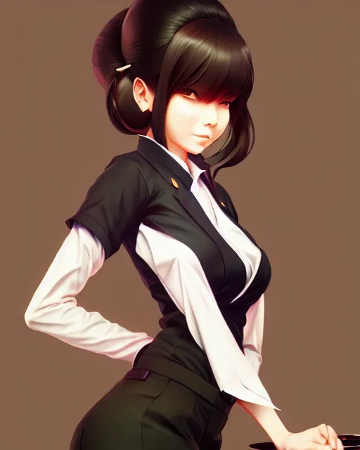 Image similar to full body shot of a beautiful tea hostess woman in work attire, art by saruei and guweiz and ilya kuvshinov, digital art, highly detailed, intricate, sharp focus, trending on artstation hq, deviantart, pinterest, unreal engine 5, 4 k uhd image