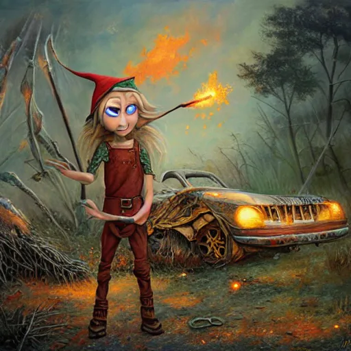 Image similar to a skinny high-fantasy elf with a long narrow face and spiky blonde hair wearing dark brown overalls and holding a firecracker standing next to a destroyed car, painting by Ed Binkley