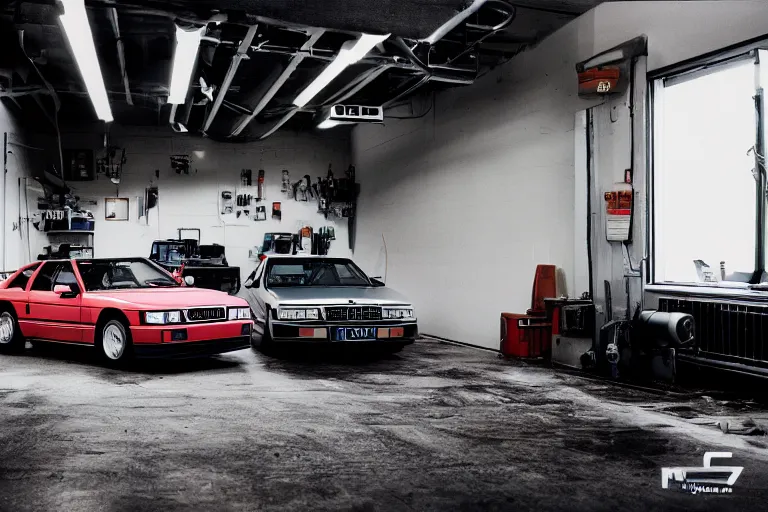 Prompt: a single 1988 Audi Quattro, BMW M1 Lincoln Continental, inside of a Tokyo garage, volumetric lighting, f8 aperture, cinematic Eastman 5384 film