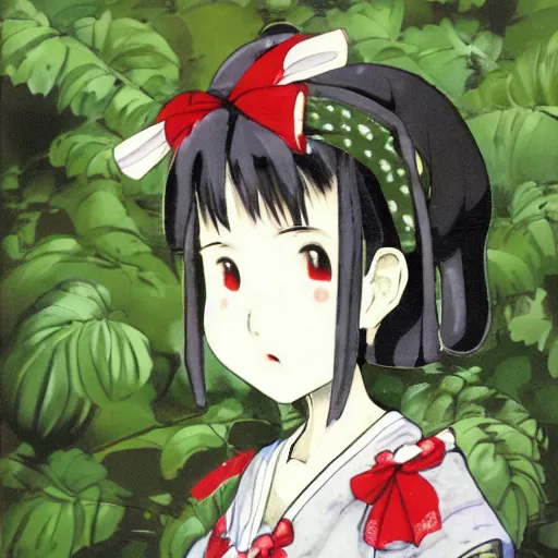 Prompt: a amano yoshitaka of reimu in the jungle wearing bonnet