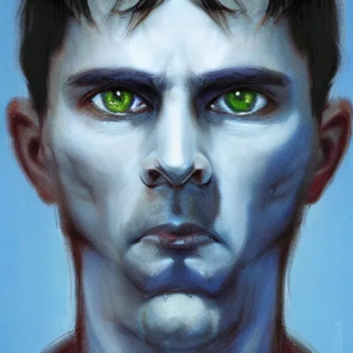 Prompt: surreal portrait of a man by Greg Rutkowski, symmetrical face, he is about 30 years old, short black hair with bangs, his features are a mix between French, Turkish and Russian, transformed into a kind of biomechanical transhuman god, blue glowing eyes, uncany but fascinating, expression of epiphany and determination, cosmic void background, frightening, fascinating, highly detailed portrait, digital painting, book cover, artstation, concept art, smooth, sharp foccus ilustration, Artstation HQ