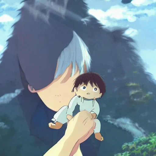 Image similar to guy holding small creature , with Fragile looking character portrait face made by Studio Ghibli highly detailed art, beautiful scene, sharp focus, smooth, nostalgic 8k, anime art, pixiv, accent lighting