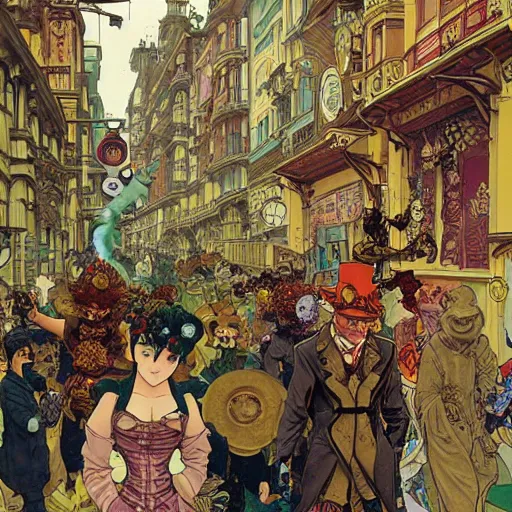 Image similar to a street of a big flying steam punk city full of people with strange costumes, anime manga illustration detailed art Geof Darrow and Phil hale and Ashley wood and Ilya repin alphonse mucha pop art nouveau