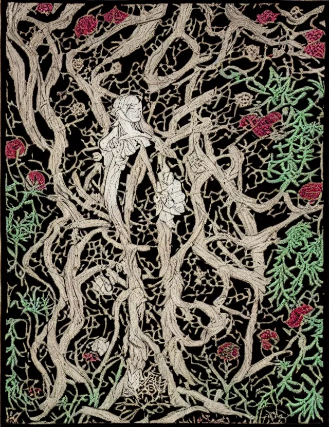 Prompt: priestess of the lichen woods. embroidered tapestry by the award - winning mangaka, bloom, chiaroscuro, backlighting, depth of field.