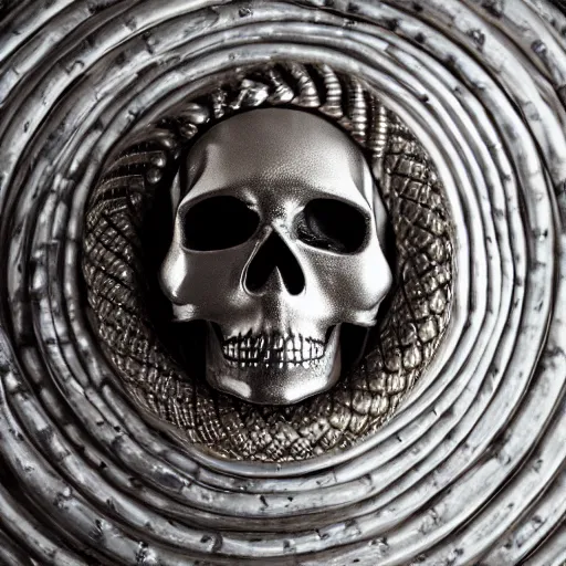 Image similar to metallic skull with the body of an infinite giant coiled snake, room interior, dark fantasy, XF IQ4, f/1.4, ISO 200, 1/160s, 8K, RAW, unedited, symmetrical balance, in-frame