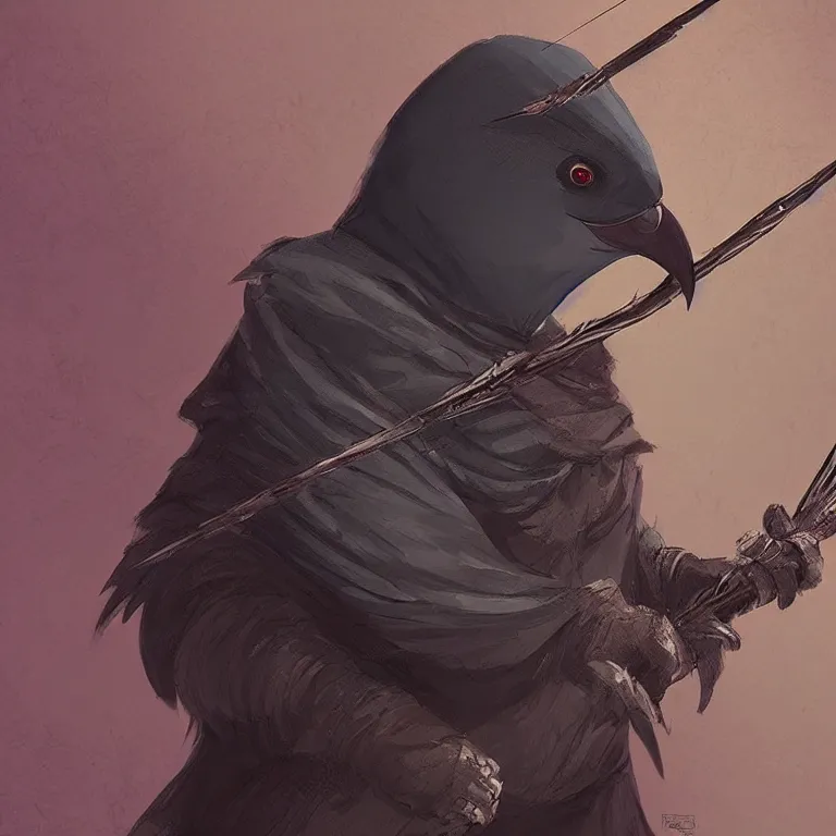 Prompt: “a Kenku in a hooded cloak holding a bow and arrow, fantasy art, digital art, 4K”