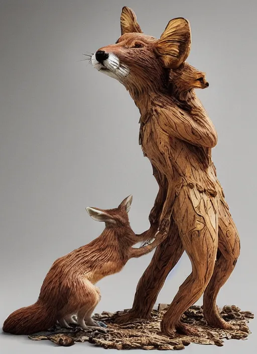 Image similar to sculpture of rat mating with a fox made of wood, portrait, female, future, wood, tree, harper's bazaar, vogue, magazine, insanely detailed and intricate, concept art, close up, ornate, luxury, elite, elegant, trending on artstation, by ruan jia, by Kenneth Willardt, by ross tran, by WLOP, by Andrei Riabovitchev,