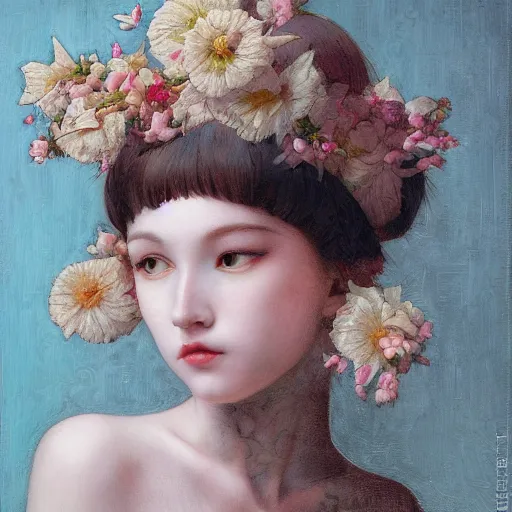 Image similar to white cat girl, botanical, portrait face, colorful, frantisek kupka, intricate, miles johnston, kuroda seiki, cynical realism, ozabu, john william godward, painterly, yoshitaka amano, moebius, miles johnston, louise zhang, james jean, mark ryden lowbrow pop surrealism art style