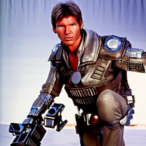 Prompt: movie still, 1 9 8 0 s, harrison ford as armored alien hunter, hyperdetailed, blue leds